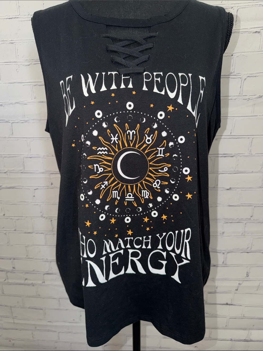Weekend Soul Black Graphic Lace-Up Tank Top with Astrological Sun Print